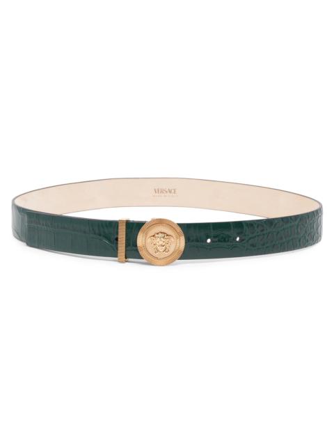 VERSACE Women's Croc-Embossed Leather Medusa Belt - Dark Emerald Versace Gold