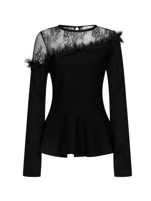 Blumarine Black wool knit top with tulle yoke