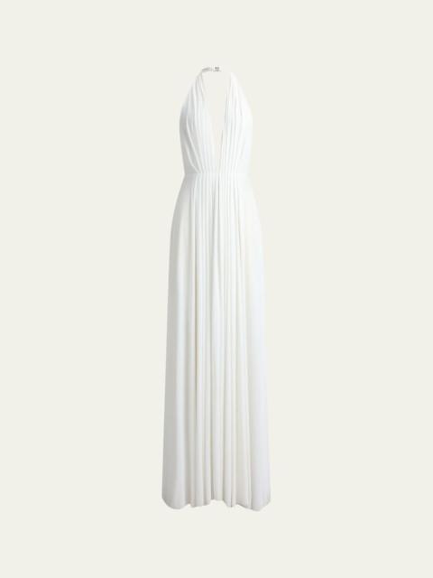 Ralph Lauren Sleeveless Pleated Plunging Halter Gown