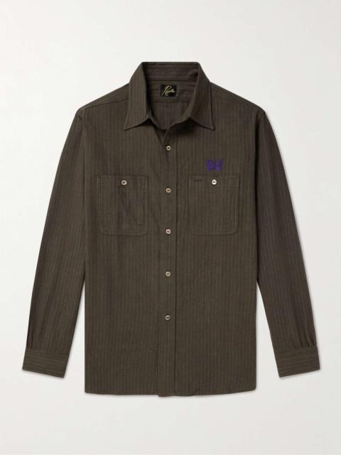 Logo-Embroidered Pinstriped Brushed Cotton-Blend Twill Shirt