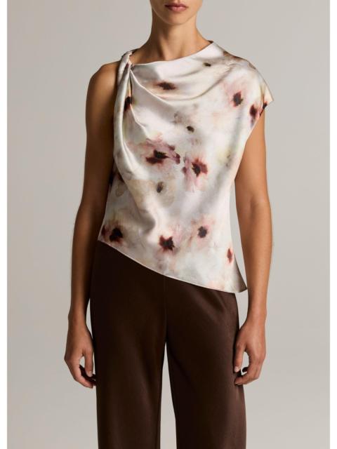 Vince Watercolor Floral Satin Twist-Shoulder Top