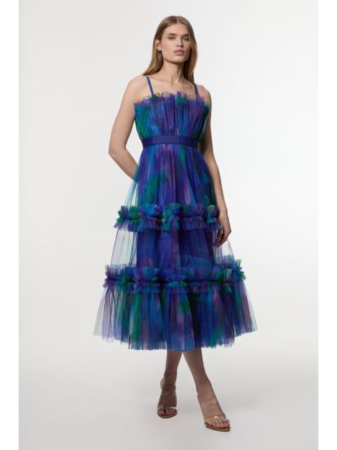 KAREN MILLEN Dark Floral Tulle Bandeau Tiered Midi Woven Dress