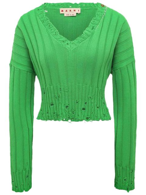 Marni Marni Distressed Rib Cotton V Neck Rib Sweater Sweaters Green