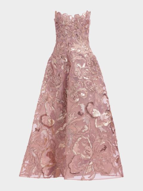 ELIE SAAB Strapless Floral Sequined Tea-Length Gown