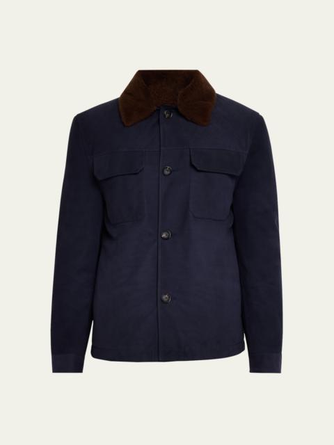 Men's Suede Overshirt with Removable Shearling Collar