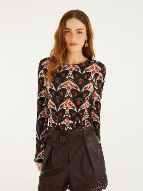 FARM RIO Black Porcelain Birds Long Sleeve Jersey Blouse