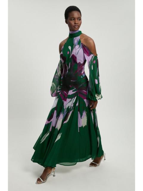 KAREN MILLEN Petite Photographic Floral Crinkle Georgette High Neck Cold Shoulder Woven Maxi Dress