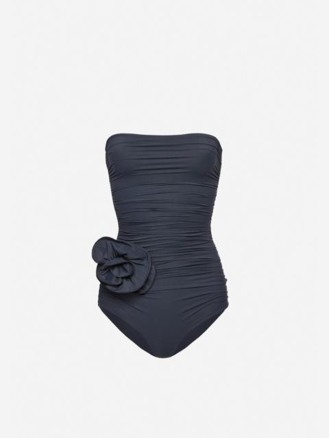 MAGDA BUTRYM Flower appliqué strapless draped swimsuit in grey
