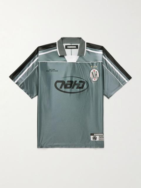 NEIGHBORHOOD Game Appliquéd Logo-Print Striped Satin Polo Shirt Gray