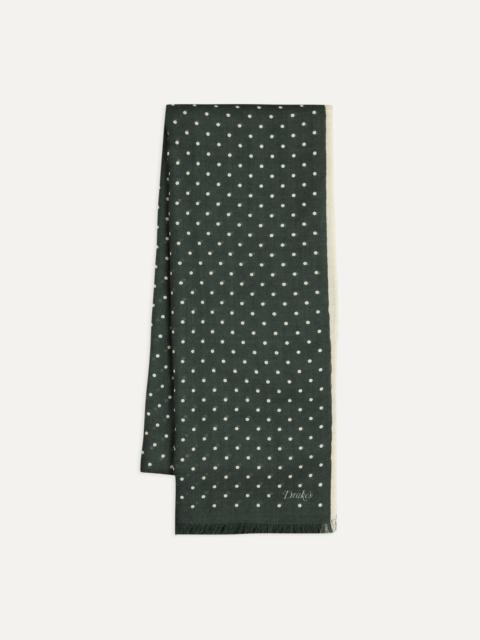 Drake's Green Polka Dot Print Shoestring Wool-Silk Scarf