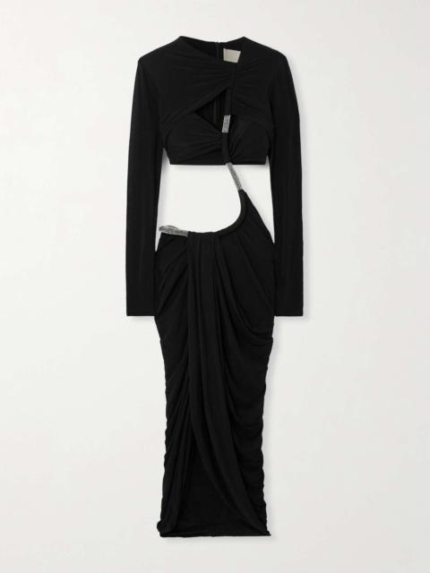 Bessie cutout crystal-embellished ruched jersey midi dress