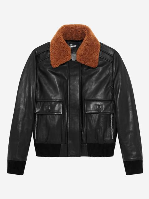 The Kooples SHORT BLACK SMOOTH LEATHER JACKET WITH SHERPA COLLAR