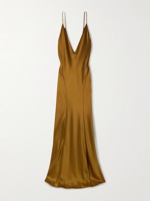 SAINT LAURENT Open-back paneled silk-satin gown Gold