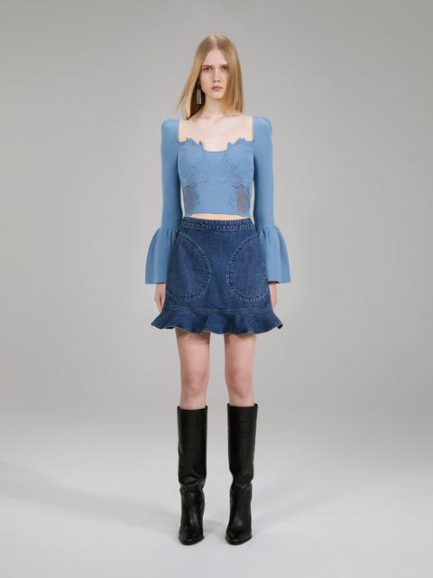 self-portrait Pastel Blue Lace Insert Ribbed Knit Top