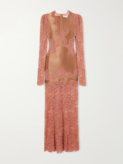 rabanne Lace-trimmed stretch-satin maxi dress Camel