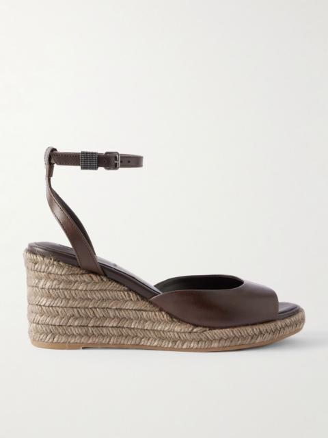 Brunello Cucinelli Bead-embellished leather wedge espadrilles Dark brown