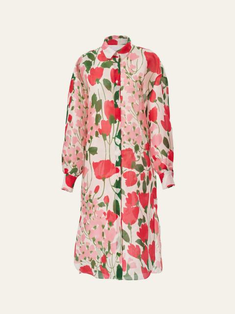 CAROLINA HERRERA Rose Print Oversized Self-Belt Midi Shirt Dress