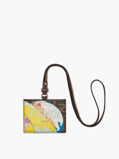FENDI Fendi Roma name badge with a flat pocket and Pequin ribbon strap. Made of fabric with FF motif in br