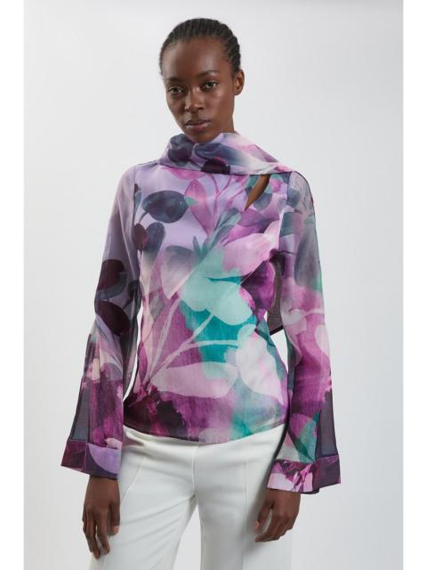 KAREN MILLEN Photographic Floral Organza Scarf Detail Woven Flute Sleeve Blouse