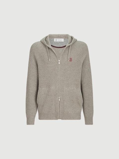 Brunello Cucinelli Cashmere English rib hooded knit sweatshirt with logo and zipper