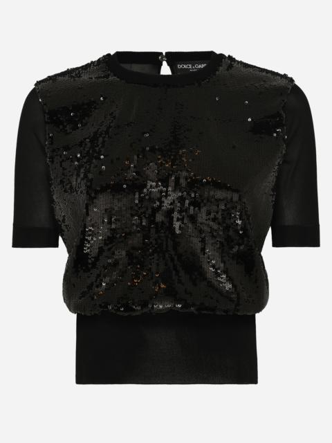 Short-sleeved top with sequin embellishment
