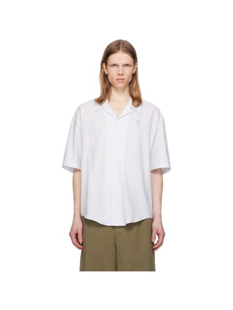 AMI Paris White & Blue Cotton Camp Collar Short Sleeves Shirt