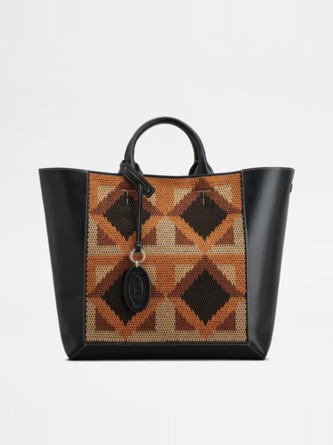 Tod's TOD'S DOUBLE UP SHOPPING BAG IN LEATHER AND FABRIC MEDIUM - BLACK, BEIGE, ORANGE
