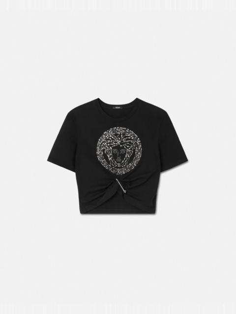 VERSACE Embellished Medusa Safety Pin Crop T-Shirt