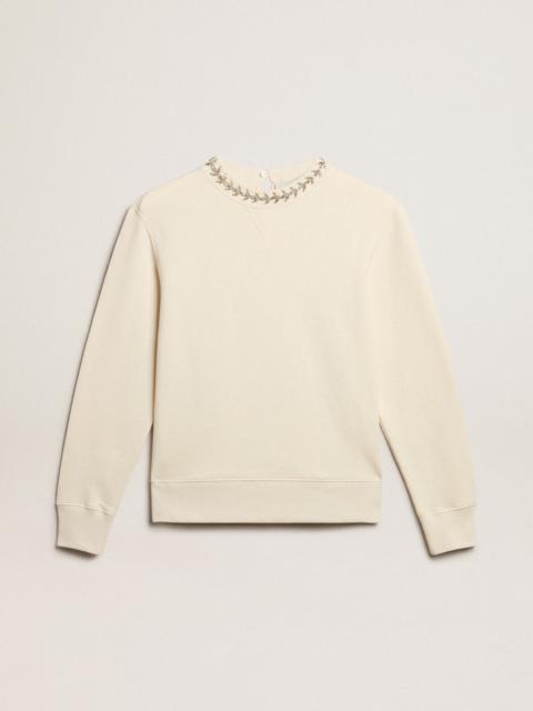 Golden Goose Round-neck cotton sweatshirt in aged white with hand-applied crystals
