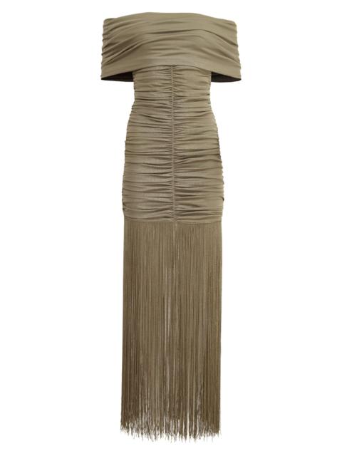 KHAITE Women's Jacinta Off-the-Shoulder Fringe Maxi Dress - Olive