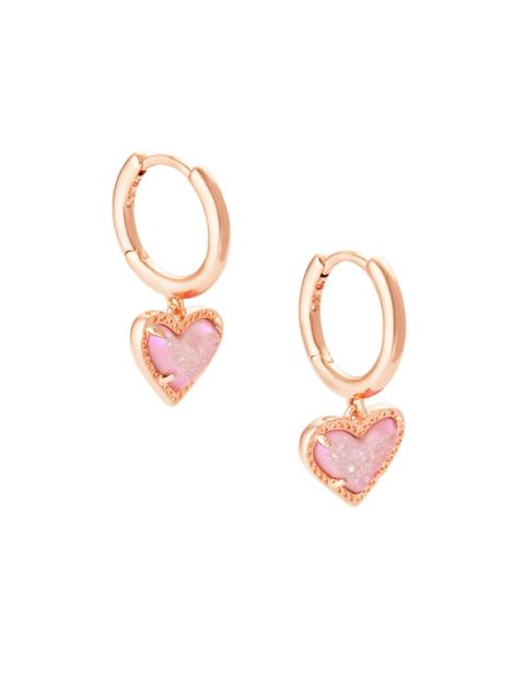 KENDRA SCOTT Ari Heart Rose Gold Huggie Earrings in Light Pink Drusy
