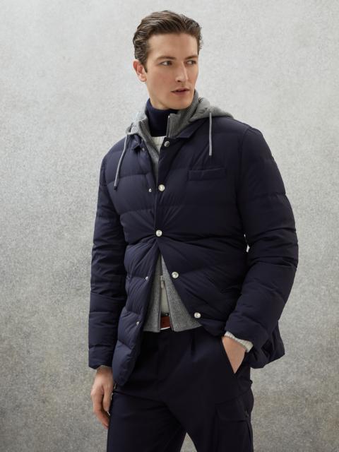 Brunello Cucinelli Bonded nylon blazer-style down jacket with knitted bib and detachable hood