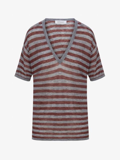 SPRWMN GREY STRIPED TISSUE CASHMERE V-NECK TEE