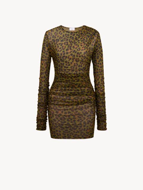 SAINT LAURENT RUCHED MINI DRESS IN LEOPARD TULLE JERSEY