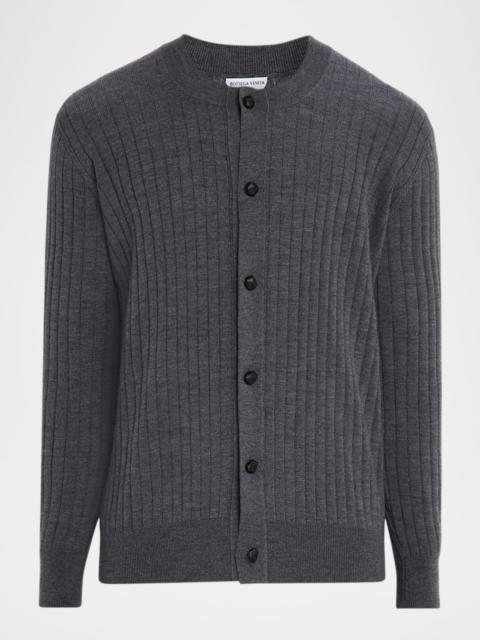 Bottega Veneta Men's Ribbed Wool Cardigan with Leather Buttons