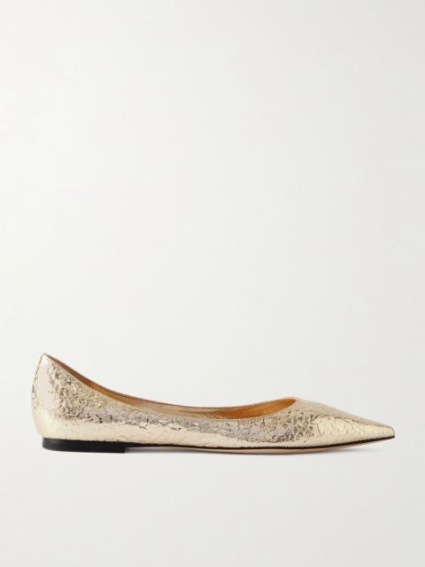 JIMMY CHOO Love metallic cracked-leather ballet flats Gold