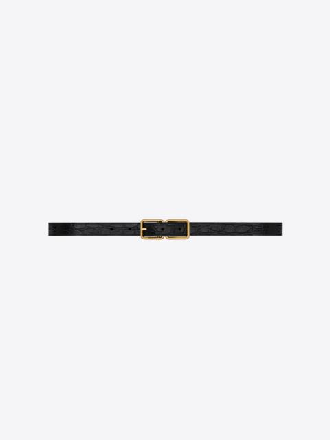 SAINT LAURENT double cadre buckle thin belt in crocodile- embossed leather