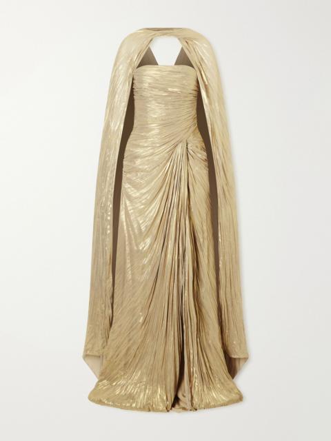 MARMAR HALIM Cape-effect plissé metallic-satin gown Gold