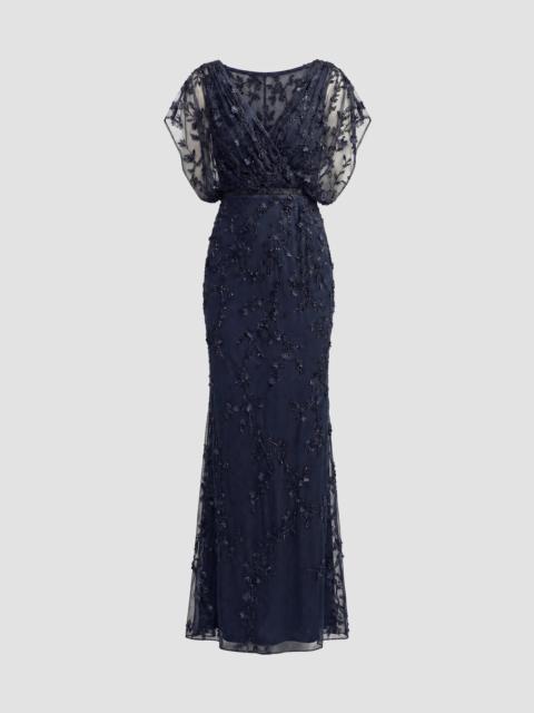 MAC DUGGAL Women's Beaded Draped Mesh Column Gown - Navy