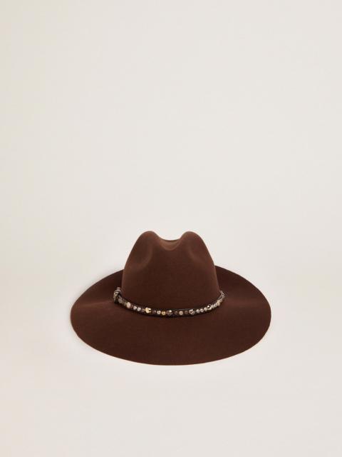 Coffee-brown hat with studded leather strap