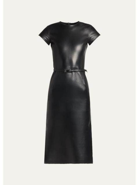 TOM FORD Short-Sleeve Silky Guanteria Lambskin Leather Asymmetric Midi Dress