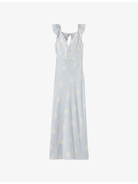 Claudie Pierlot Floral-Print Lace-Trim Satin Maxi Dress