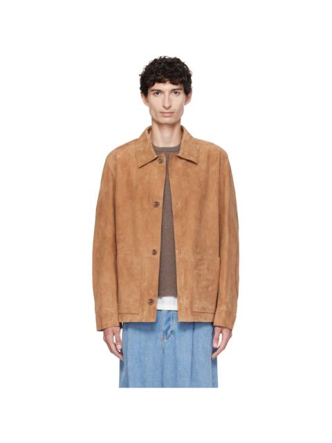 BOSS Tan Button-Up Suede Checkered Lining Leather Jacket