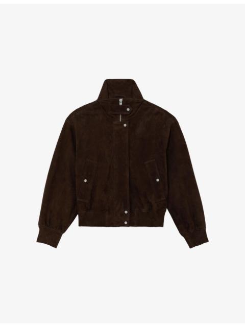 REISS Cara Funnel-Neck Suede Bomber Jacket