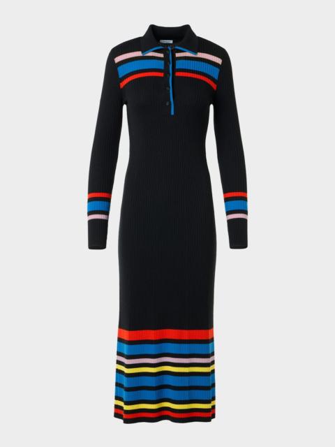 AKRIS Color-Blocked Stripe Rib-Knit Polo Midi Dress