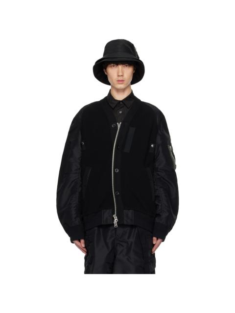 Black Nylon Twill x Knit Bomber Jacket