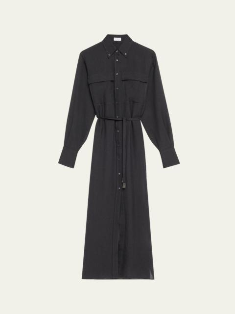 Brunello Cucinelli Long Wool Gauze Shirt Jacket Dress with Waist Tie