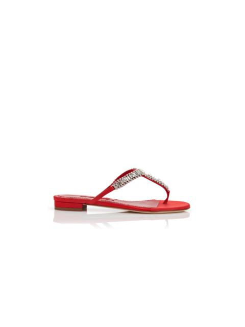 Manolo Blahnik Red Satin Jewel Embellished Flat Sandals