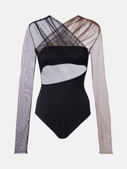 NENSI DOJAKA Cutout ruched sheer bodysuit
