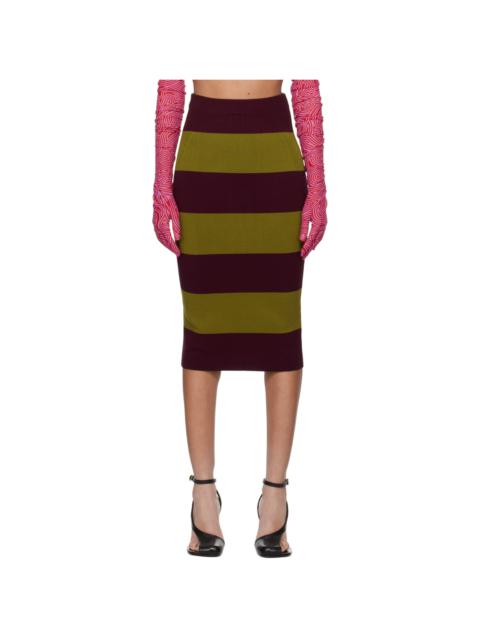 Burgundy & Khaki Striped Midi Skirt